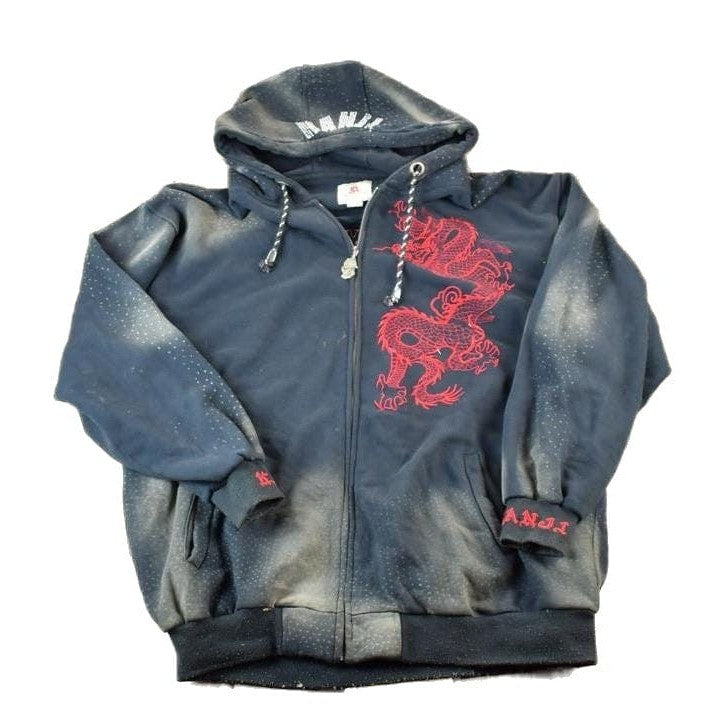Vintage 1990s Kanji Jeans Heavyweight Dragon EMbroidered Full Zip 5X Hip Hop Hoodie Made In USA Men's 5XL from propervintagecanada