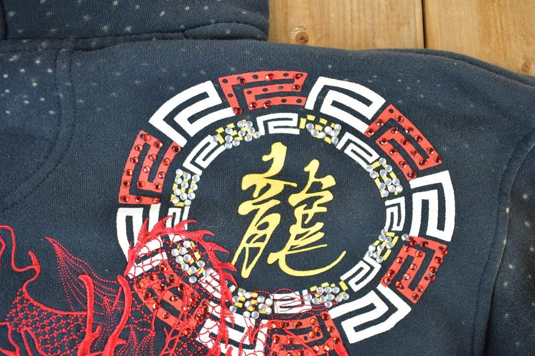 Vintage 1990s Kanji Jeans Heavyweight Dragon EMbroidered Full Zip 5X Hip Hop Hoodie Made In USA Men's 5XL from propervintagecanada