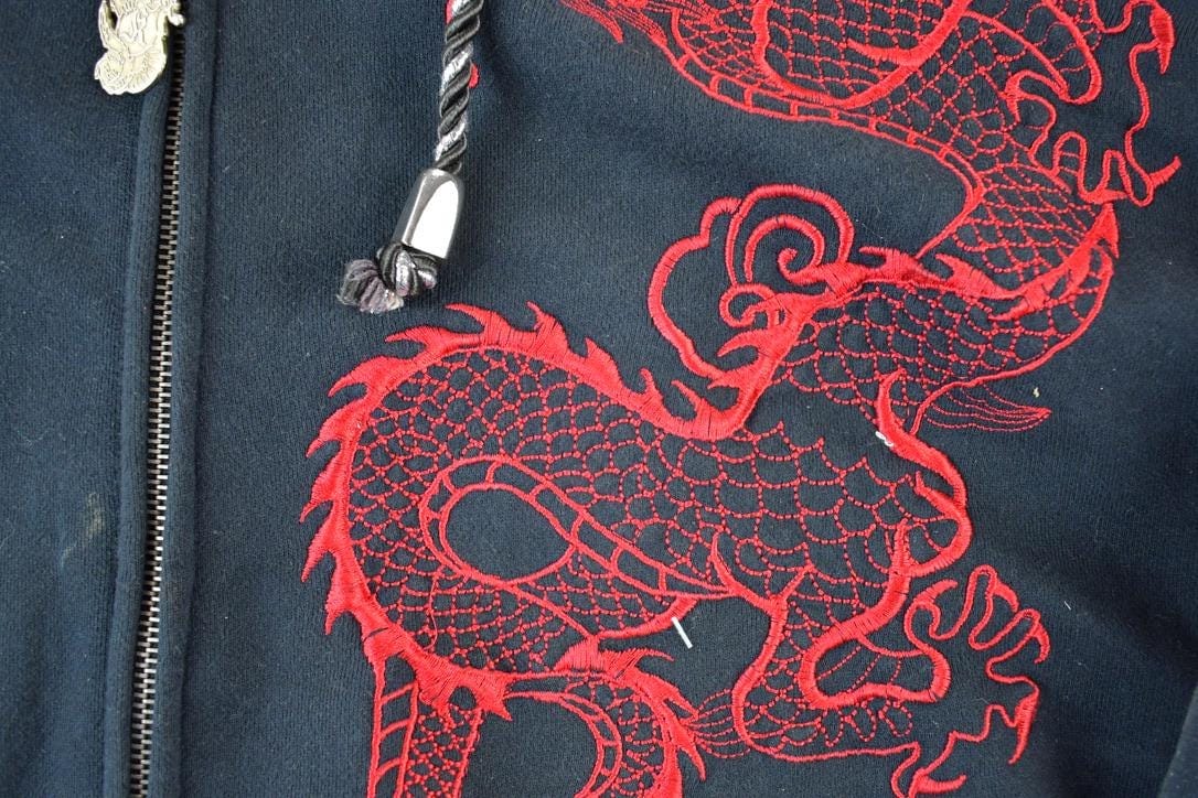 Vintage 1990s Kanji Jeans Heavyweight Dragon EMbroidered Full Zip 5X Hip Hop Hoodie Made In USA Men's 5XL from propervintagecanada