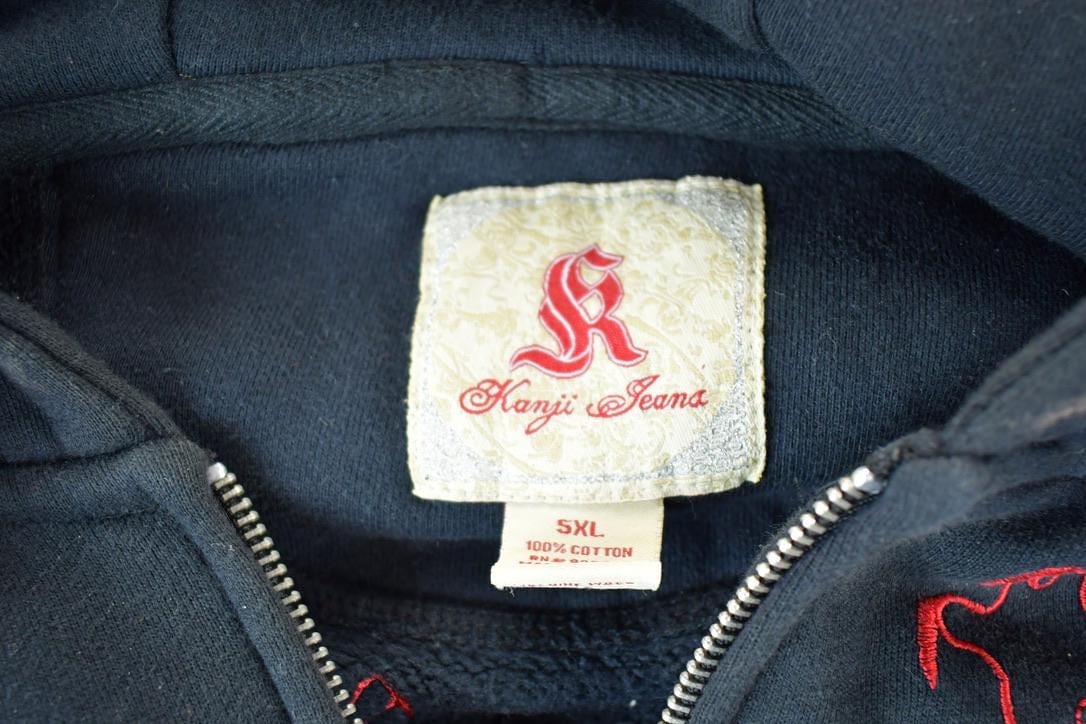 Vintage 1990s Kanji Jeans Heavyweight Dragon EMbroidered Full Zip 5X Hip Hop Hoodie Made In USA Men's 5XL from propervintagecanada