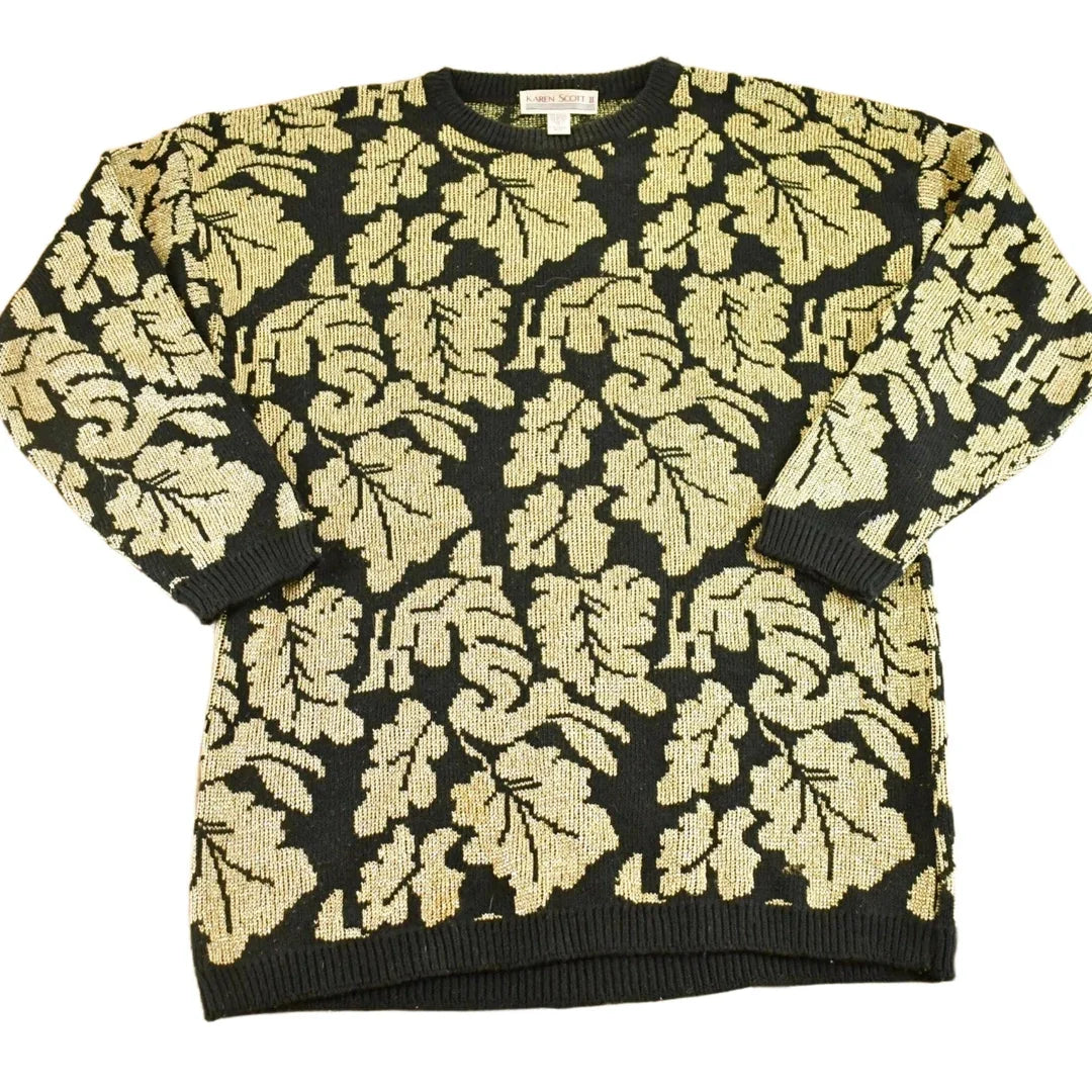 Vintage 1990s Karen Scott AOP Leaf Pattern Knit Crewneck Sweater Women's XL from propervintagecanada