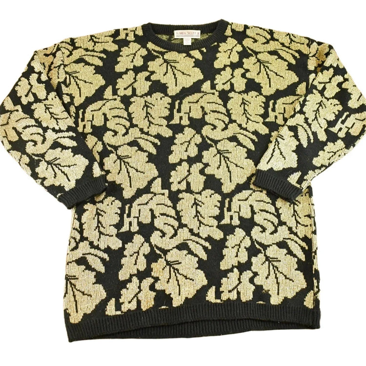 Vintage 1990s Karen Scott AOP Leaf Pattern Knit Crewneck Sweater Women's XL from propervintagecanada