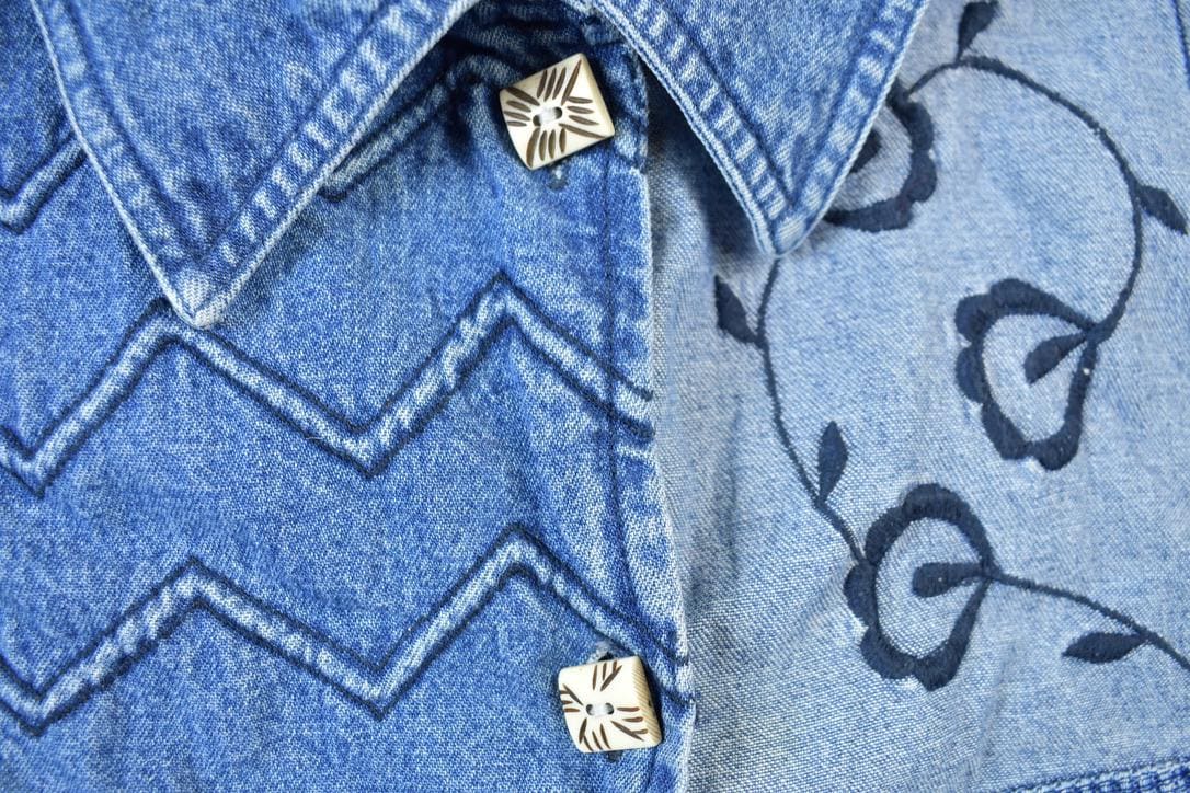 Vintage 1990s Keren Hart Patchwork Denim Button Up Shirt Men's Medium from propervintagecanada