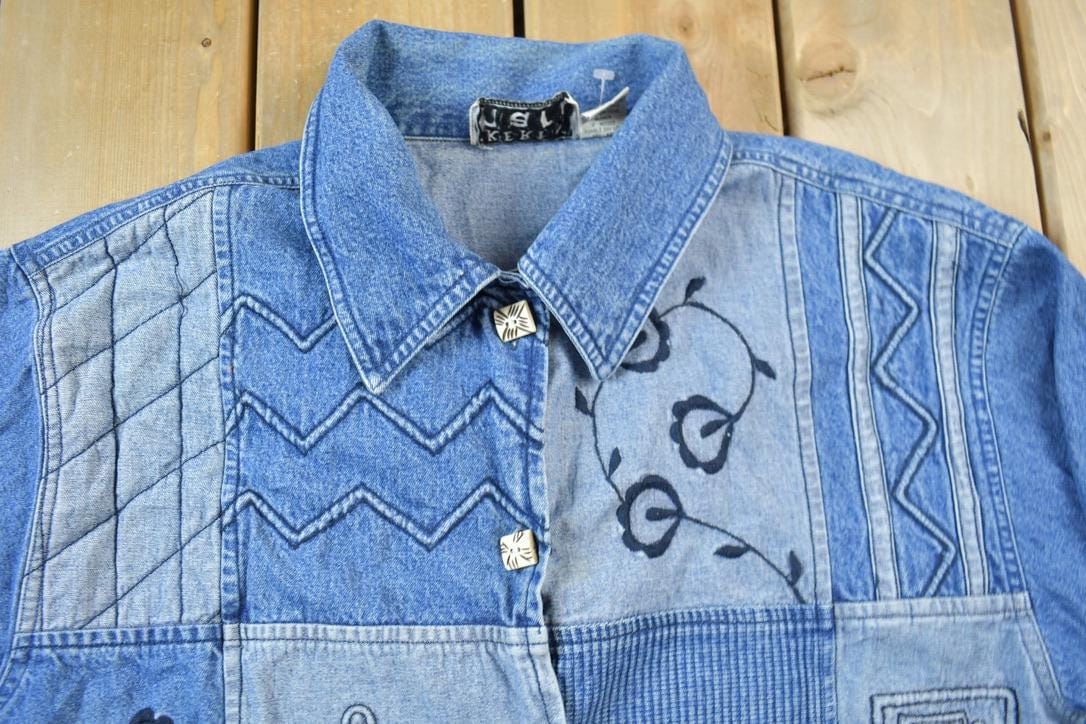 Vintage 1990s Keren Hart Patchwork Denim Button Up Shirt Men's Medium from propervintagecanada