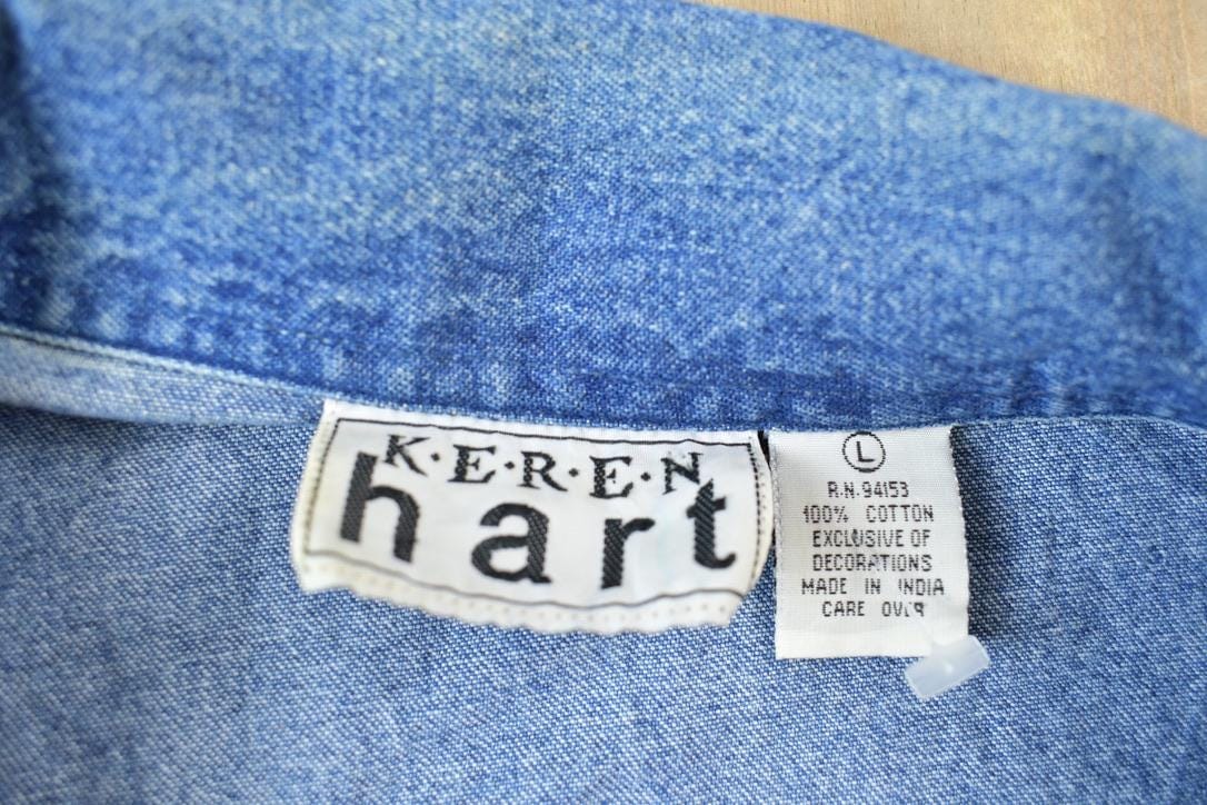 Vintage 1990s Keren Hart Patchwork Denim Button Up Shirt Men's Medium from propervintagecanada