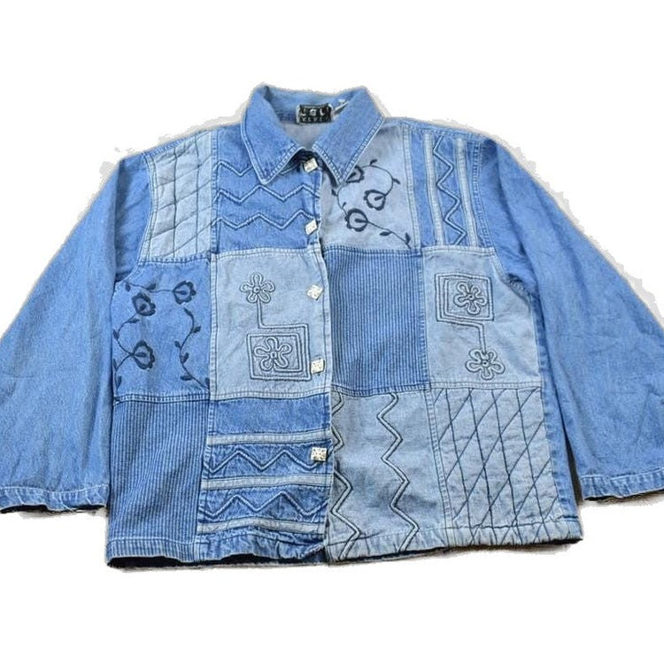 Vintage 1990s Keren Hart Patchwork Denim Button Up Shirt Men's Medium from propervintagecanada