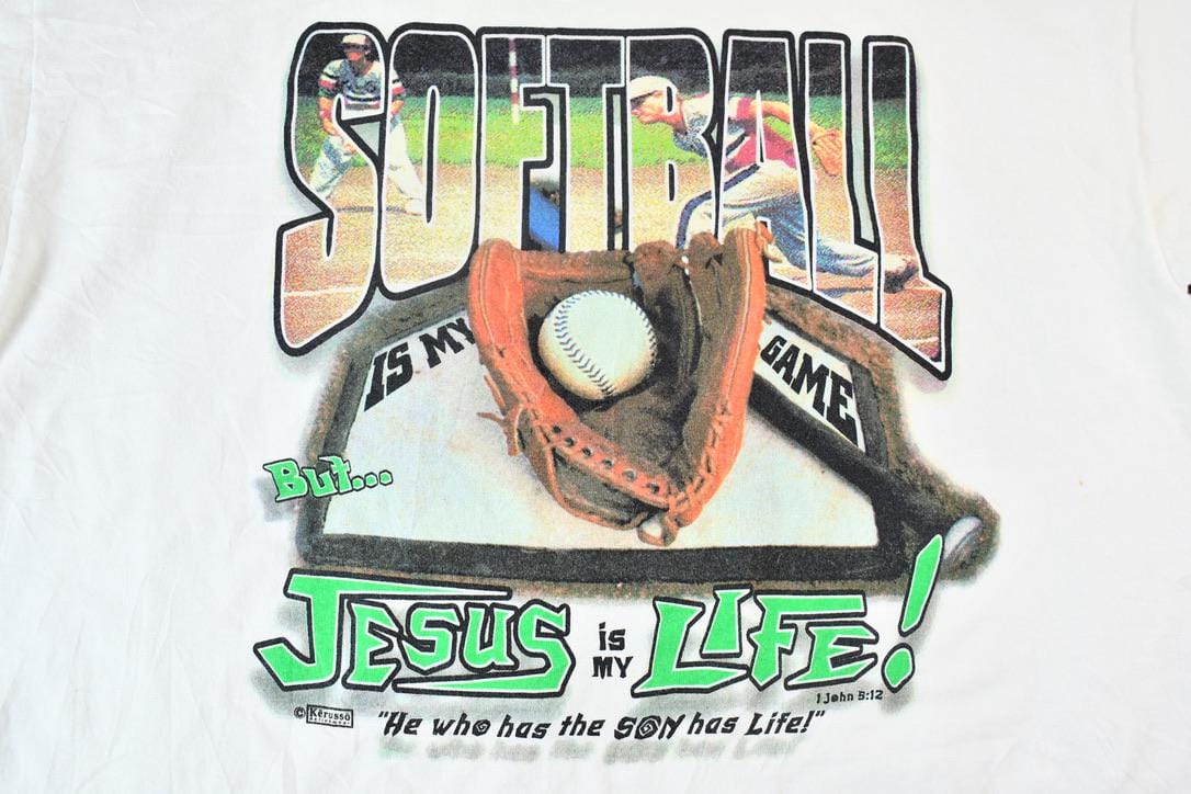 Vintage 1990s Kerusso Activewear Softball is my Game but Jesus is my Life Graphic T-Shirt Men's XL from propervintagecanada