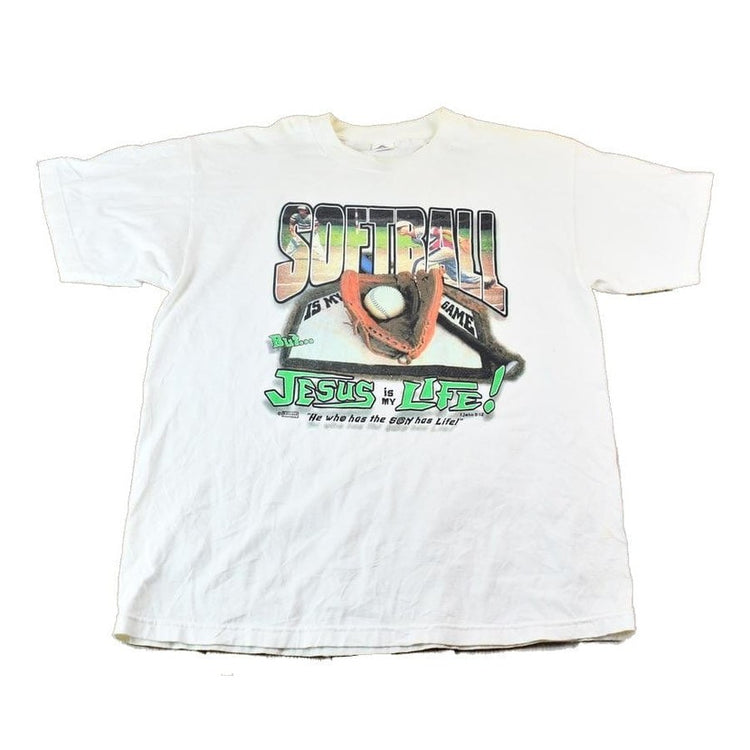 Vintage 1990s Kerusso Activewear Softball is my Game but Jesus is my Life Graphic T-Shirt Men's XL from propervintagecanada