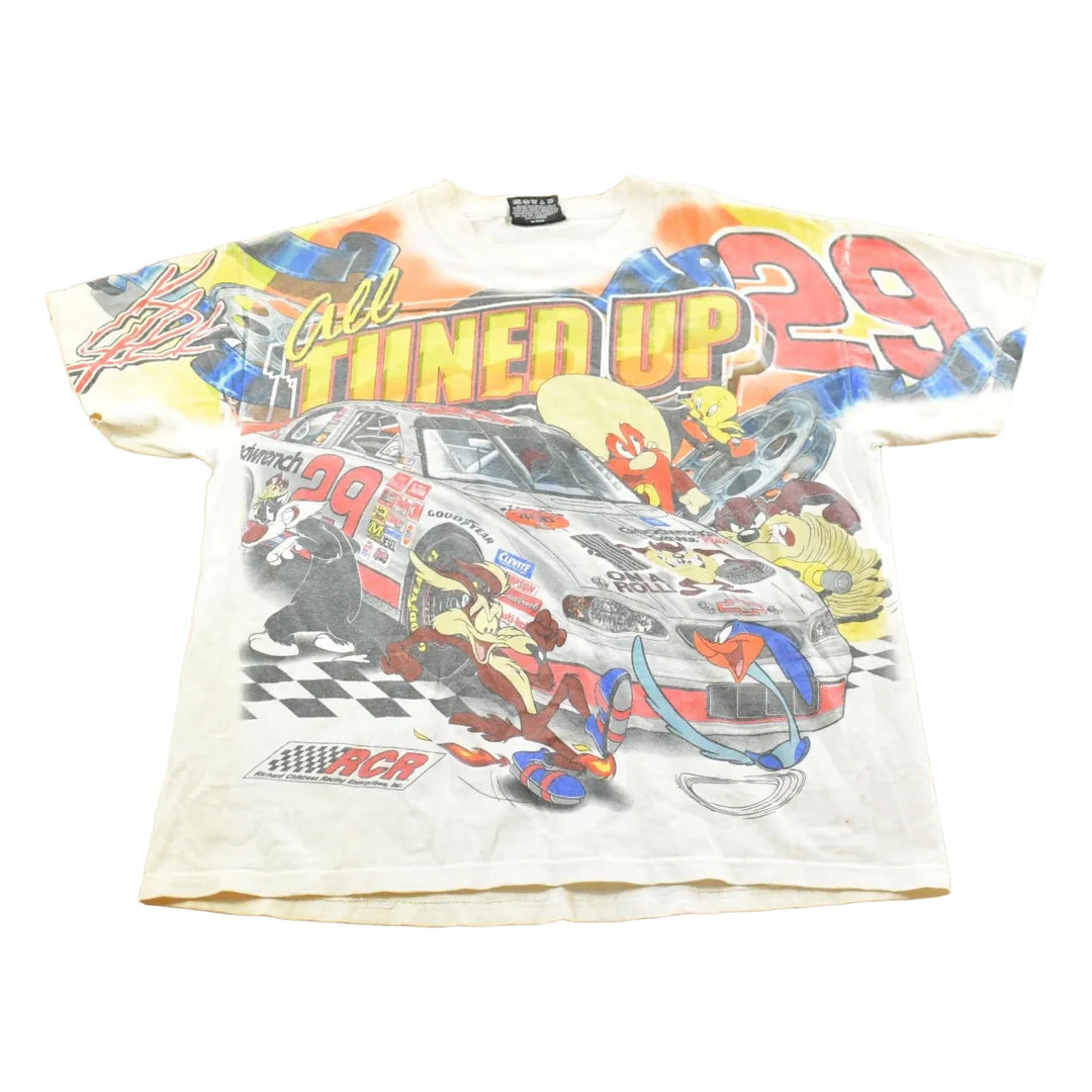 Vintage 1990s Kevin Harvick Looney Tunes All Over Print All Tuned Up NASCAR Racing T-Shirt Mens L from propervintagecanada