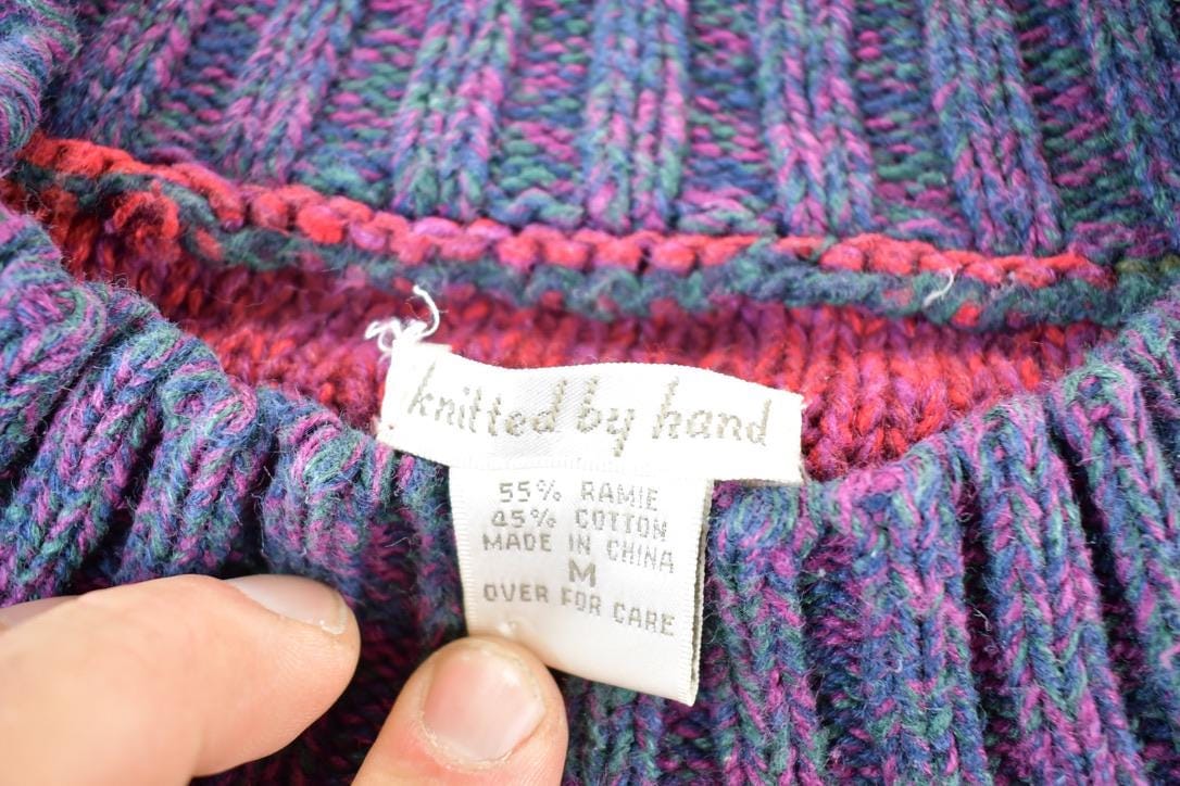 Vintage 1990s Knitted By Hand Cable Knit Abstract Pattern Crewneck Sweater Mens M from propervintagecanada