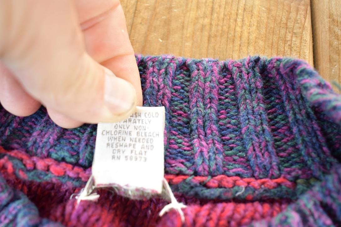 Vintage 1990s Knitted By Hand Cable Knit Abstract Pattern Crewneck Sweater Mens M from propervintagecanada