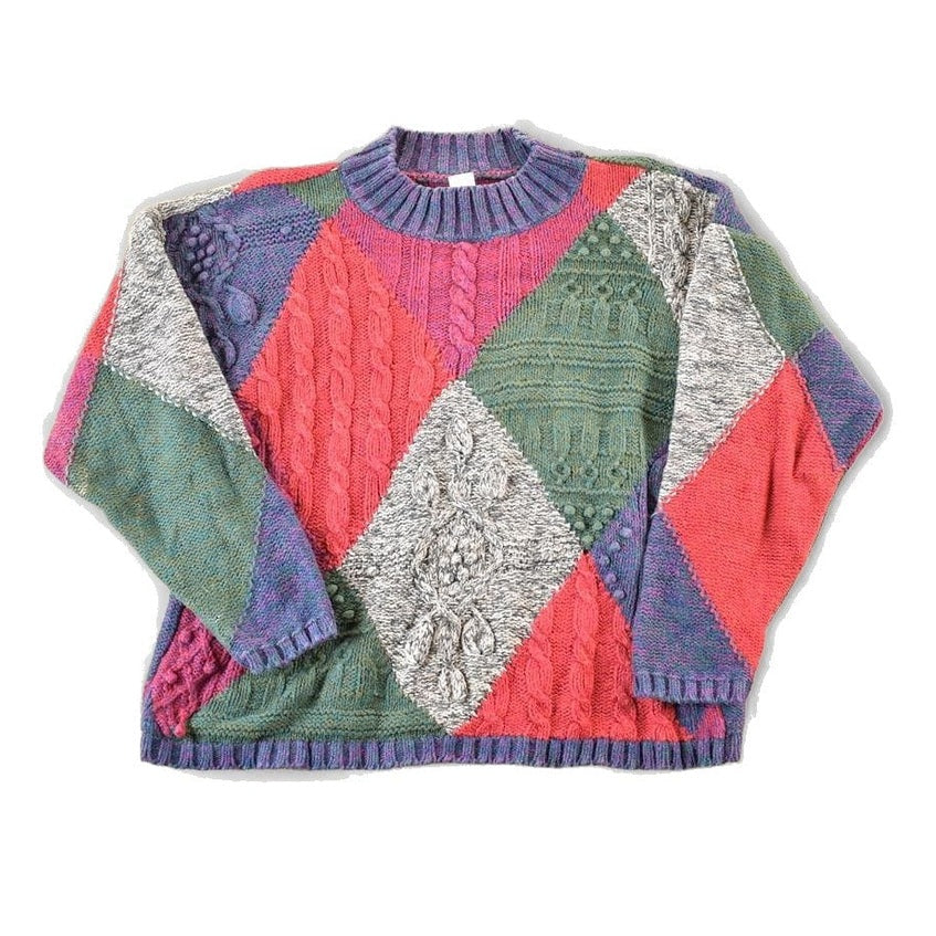 Vintage 1990s Knitted By Hand Cable Knit Abstract Pattern Crewneck Sweater Mens M from propervintagecanada