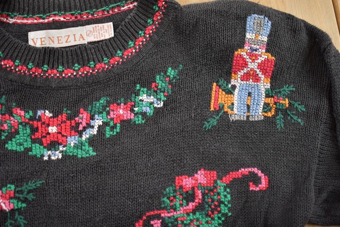 Vintage 1990s Knitted Christmas Crewneck Sweater Women's L from propervintagecanada