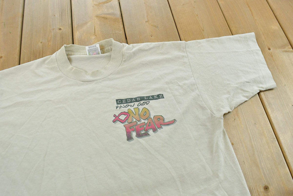 Vintage 1990s Know God No Fear Cedar Lake Christianity T-Shirt Men's L from propervintagecanada