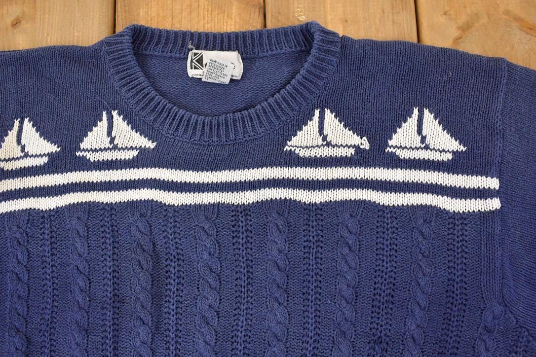 Vintage 1990s Kobe Nautical Cable Knit Crewneck Sweater Mens L from propervintagecanada
