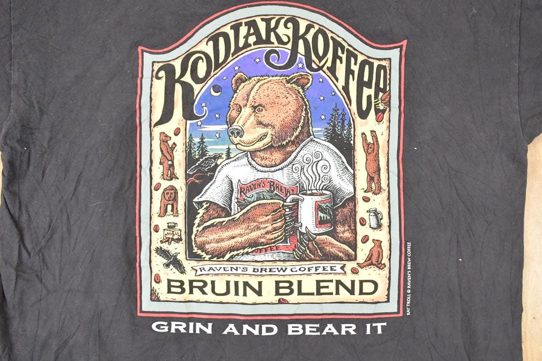 Vintage 1990s Kodiak Coffee Big Bear Souvenir Travel T-Shirt Men's XL / Destination Shirt / 90s Single Stitch Graphic Tee / Made in USA from propervintagecanada