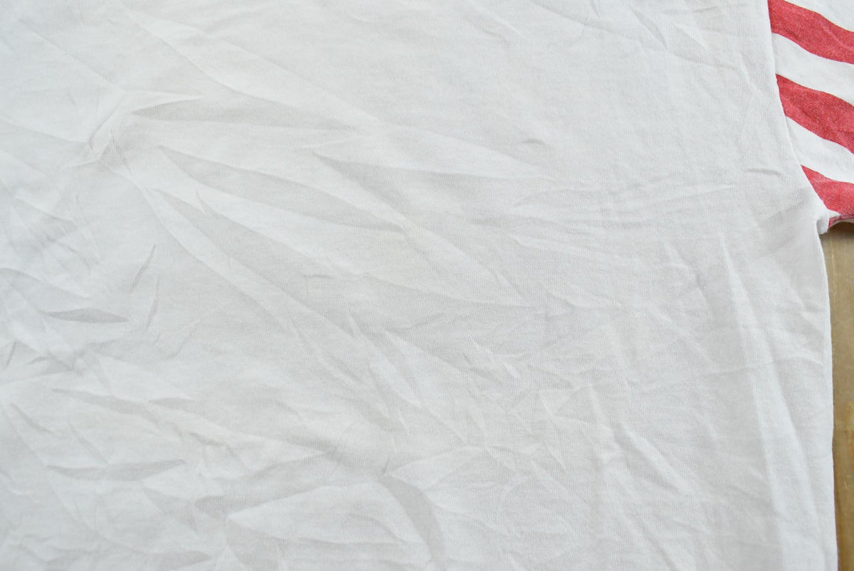Vintage 1990s LA Sports Wear Blank White American Flag Sleeves T-Shirt Men's L from propervintagecanada