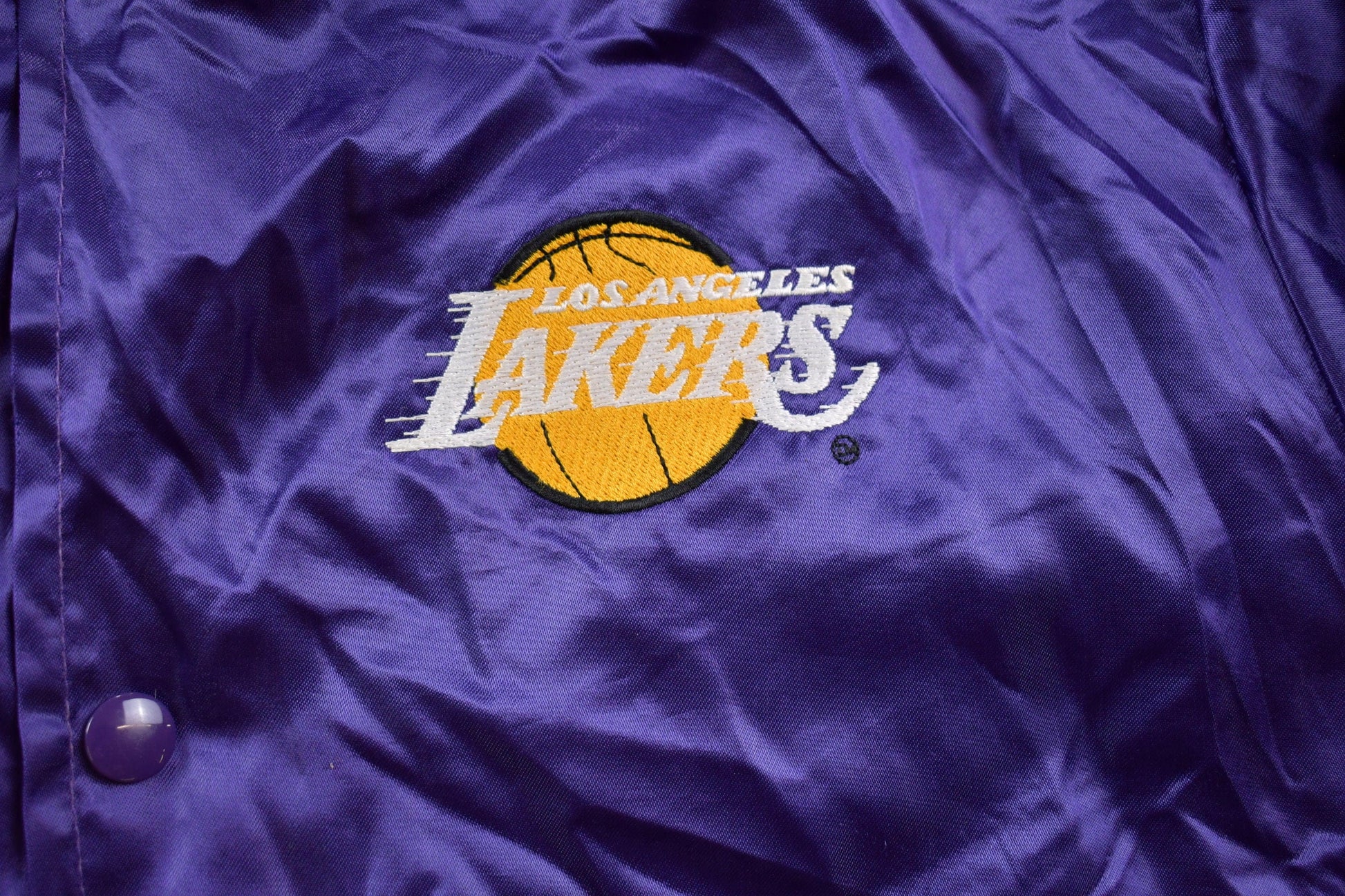 Vintage 1990s Lakers NBA Swingster Satin Bomber Jacket Embroidered Made In USA Men's Medium from propervintagecanada