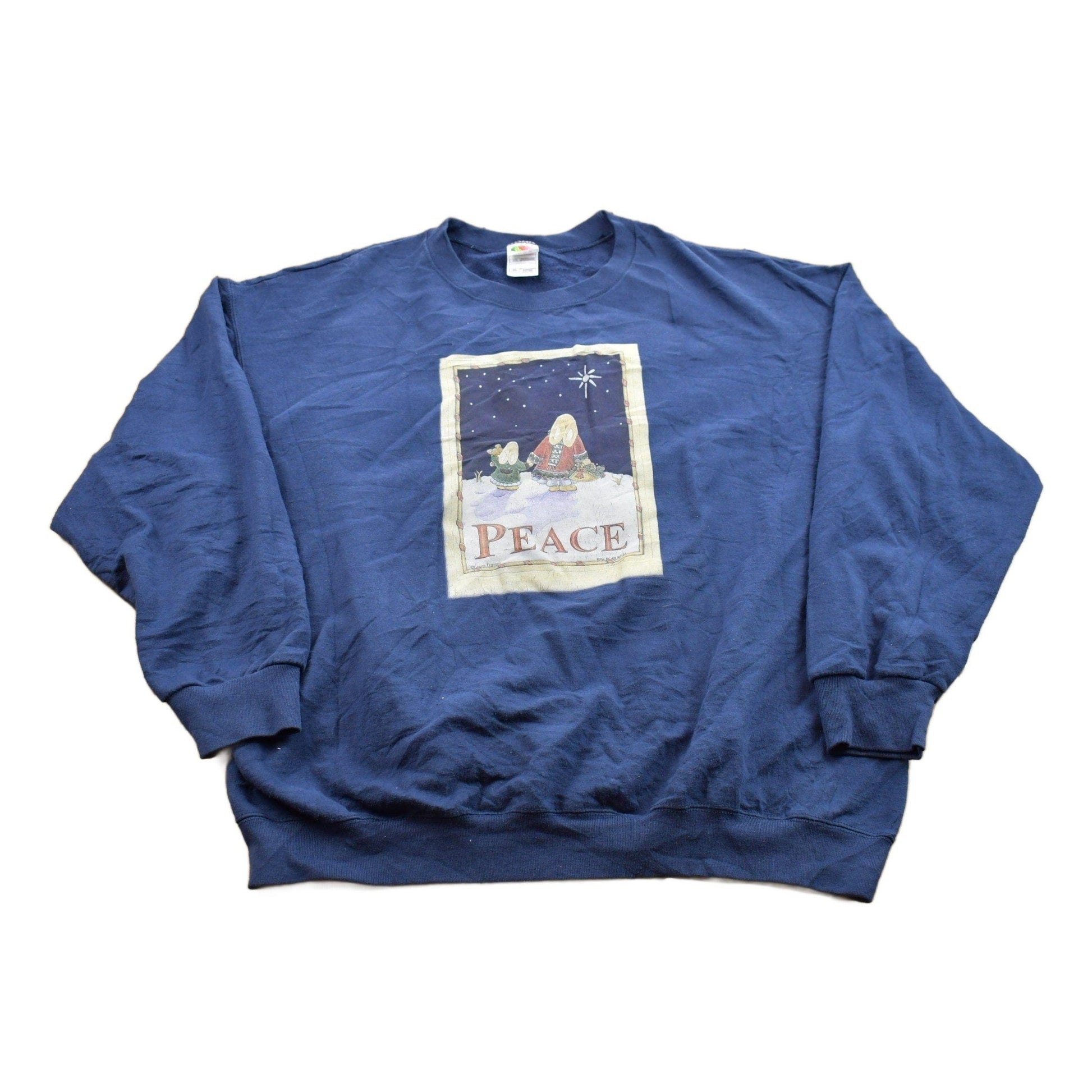Vintage 1990s Laura Trayser Peace Theme Crewneck Sweater Men's 2XL from propervintagecanada
