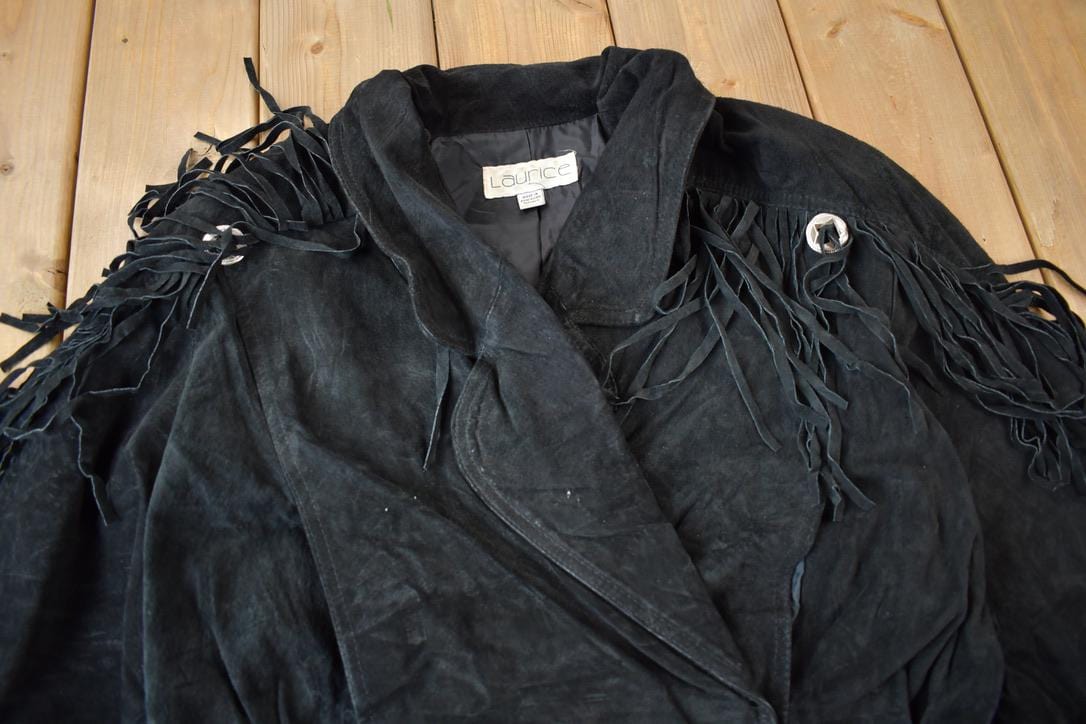Vintage 1990s Laurice Black Fringe Leather Jacket Women's M from propervintagecanada