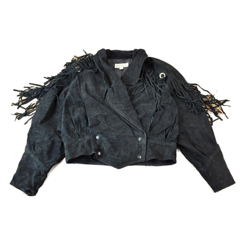 Vintage 1990s Laurice Black Fringe Leather Jacket Women's M from propervintagecanada
