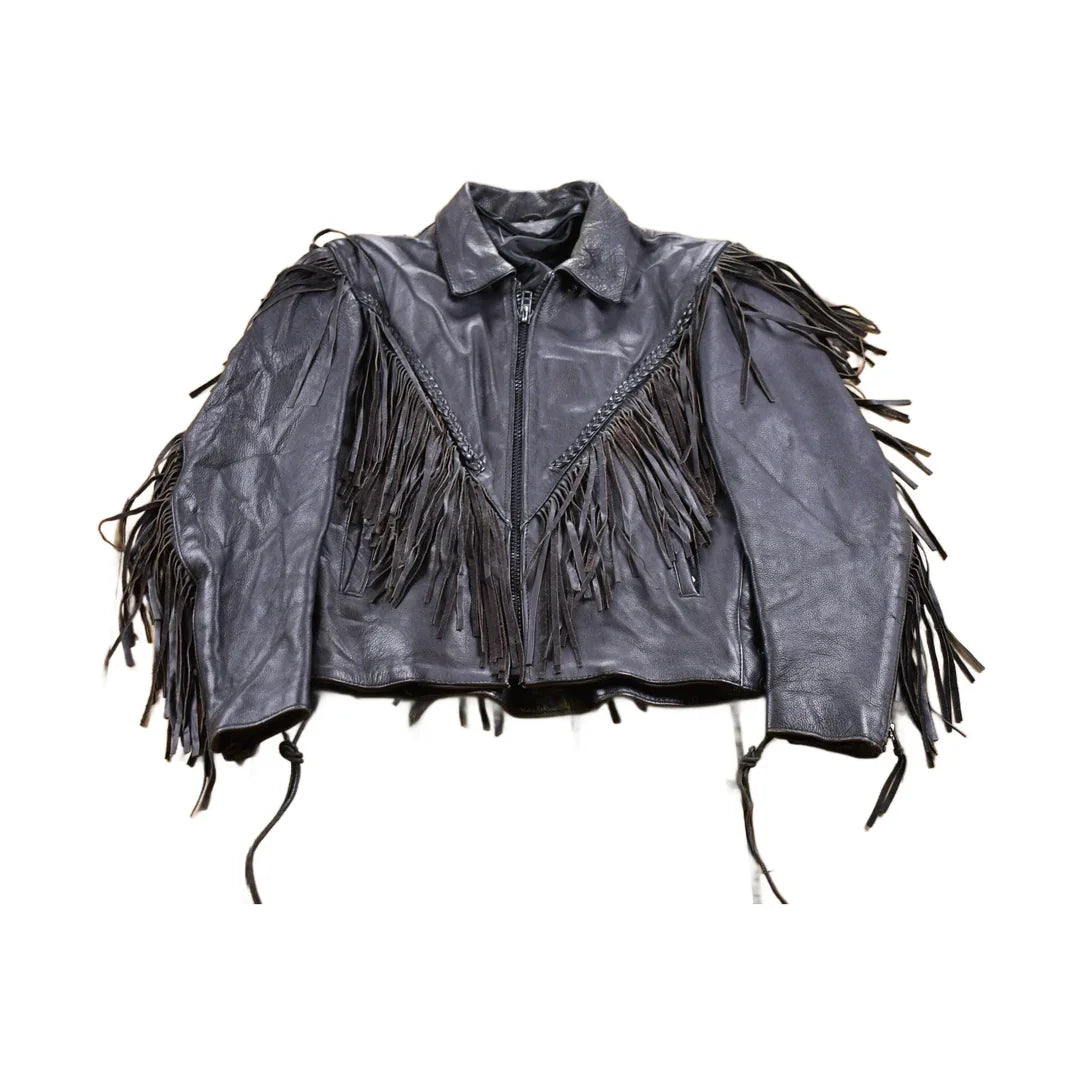 Vintage 1990s Leather Fringe Biker Jacket Men's Small from propervintagecanada