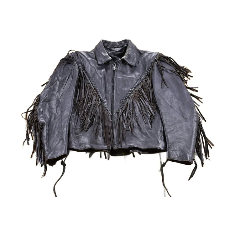 Vintage 1990s Leather Fringe Biker Jacket Men's Small from propervintagecanada