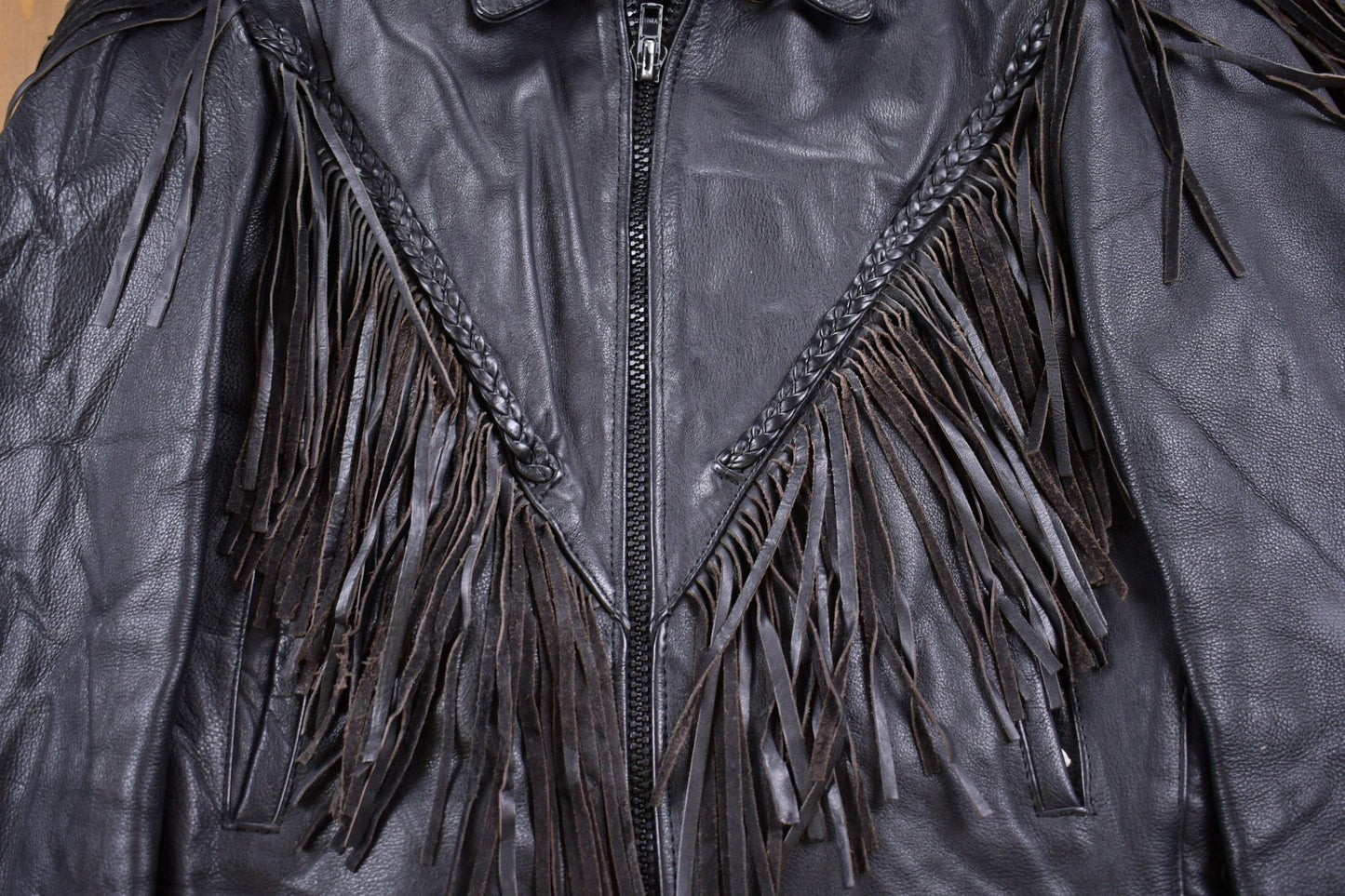 Vintage 1990s Leather Fringe Biker Jacket Men's Small from propervintagecanada