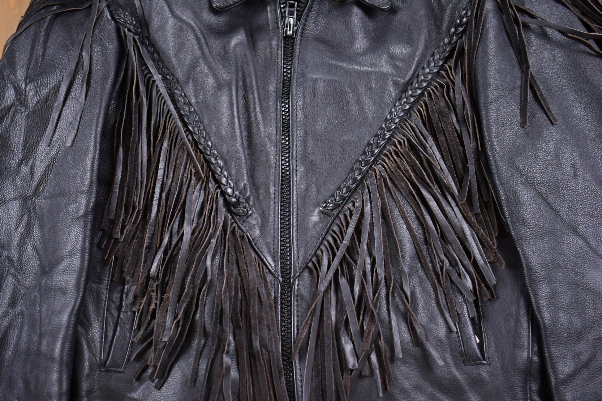 Vintage 1990s Leather Fringe Biker Jacket Men's Small from propervintagecanada