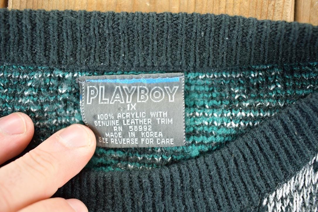 Vintage 1990s Leather Trim Argyle Knit Crewneck Sweatshirt Mens L from propervintagecanada