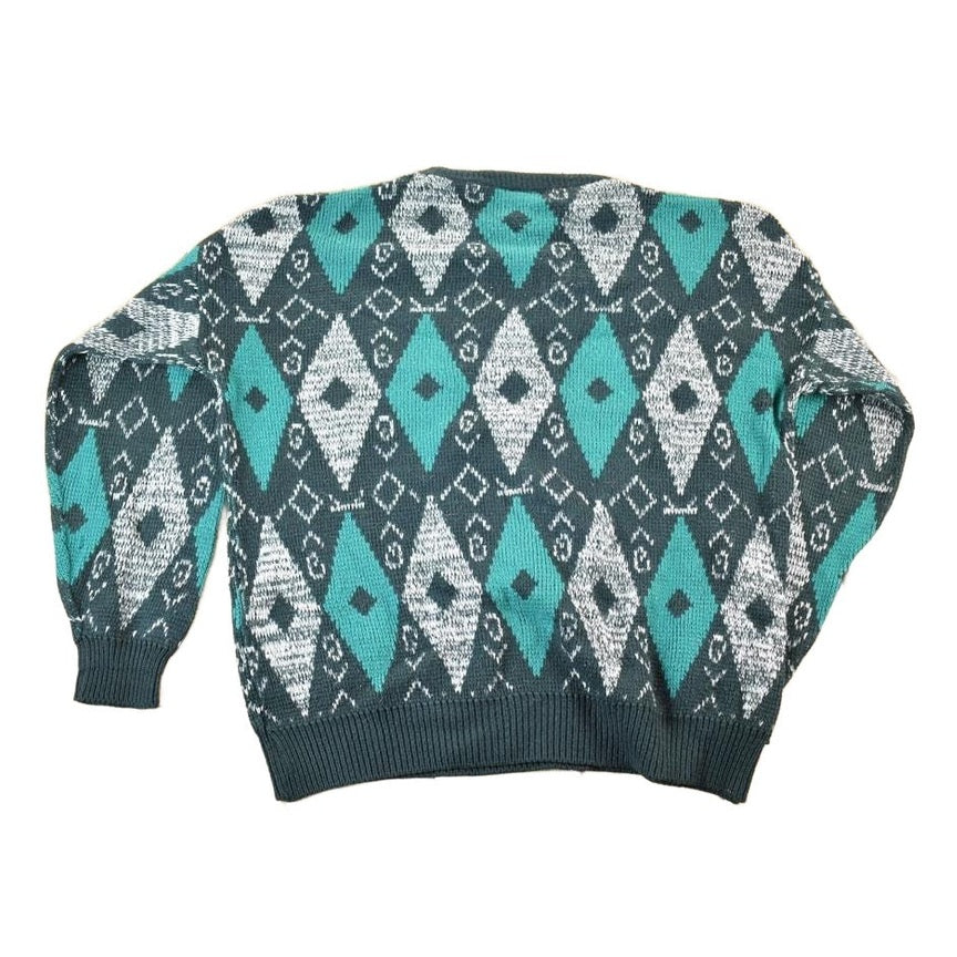 Vintage 1990s Leather Trim Argyle Knit Crewneck Sweatshirt Mens L from propervintagecanada