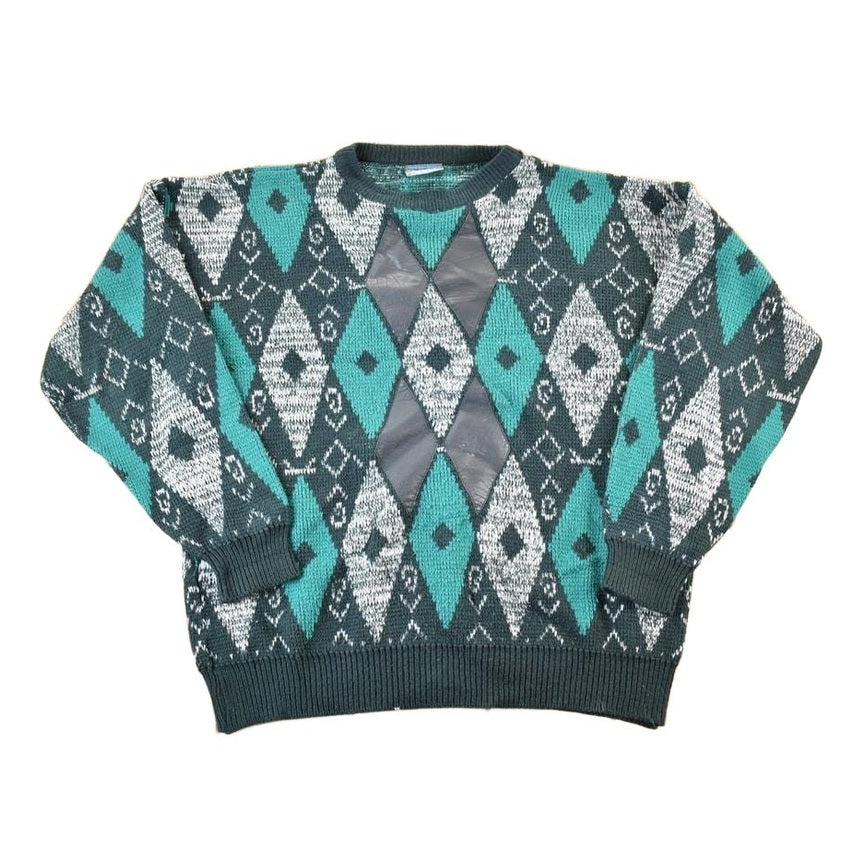 Vintage 1990s Leather Trim Argyle Knit Crewneck Sweatshirt Mens L from propervintagecanada