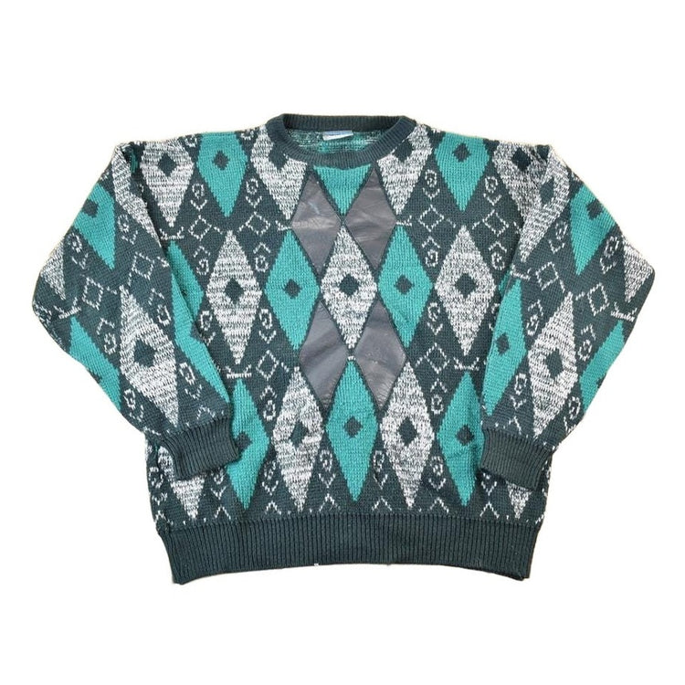 Vintage 1990s Leather Trim Argyle Knit Crewneck Sweatshirt Mens L from propervintagecanada