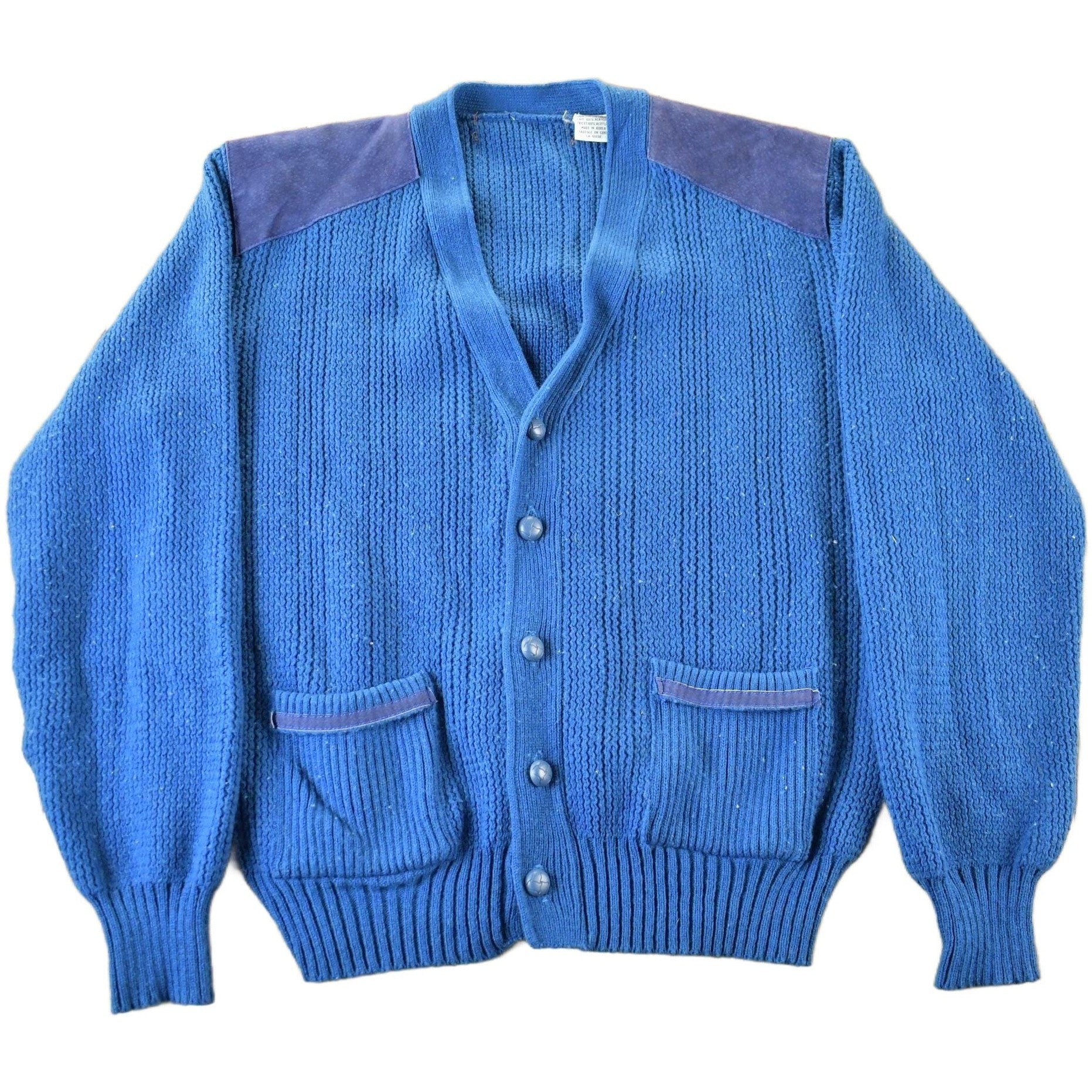 Vintage 1990s Leather Trim Knit Cardigan Sweater Men's Medium from propervintagecanada