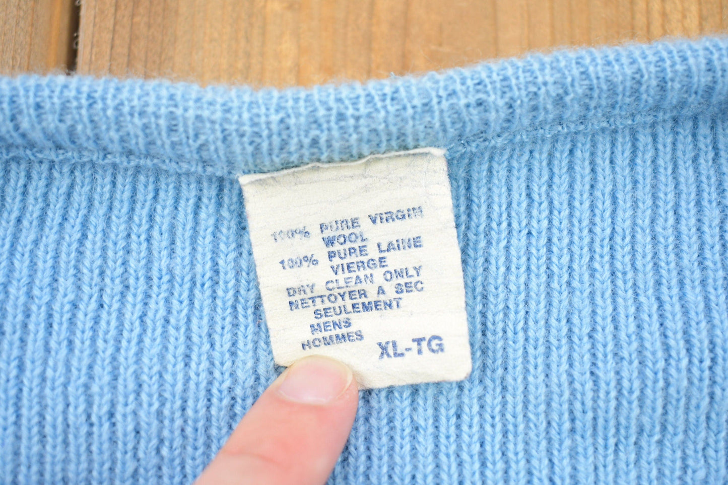 Vintage 1990s Light Blue 100% Wool Knit Sweater Men's XL from propervintagecanada