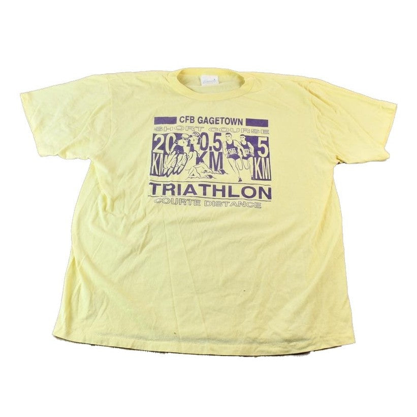Vintage 1990s Light Yellow Penmans CFB Gagetown Short Course Triathlon Single Stitch Graphic T-Shirt Men's Large from propervintagecanada