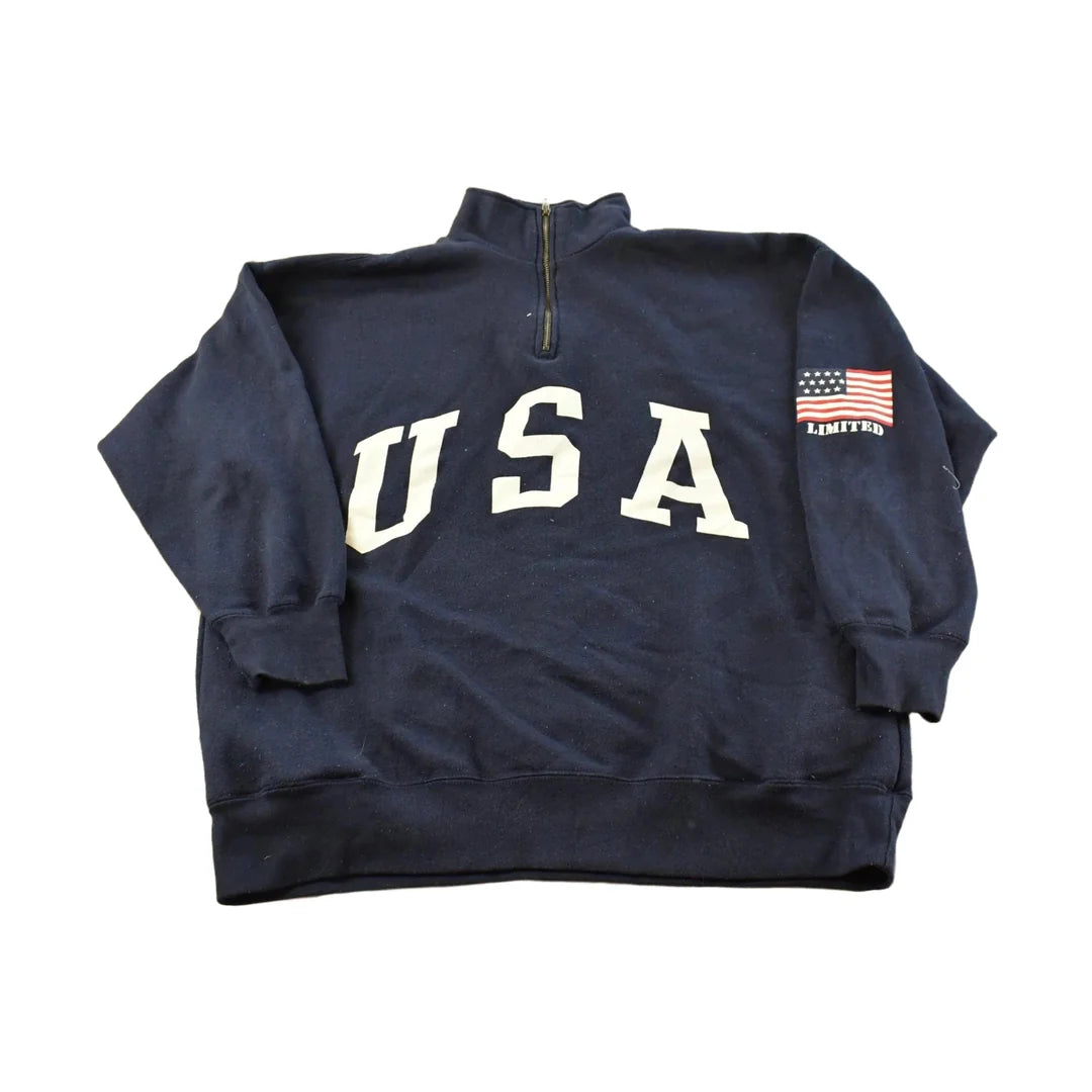 Vintage 1990s Limited Jeans USA Flag Quarter Zip Crewneck Sweatshirt Men's L from propervintagecanada