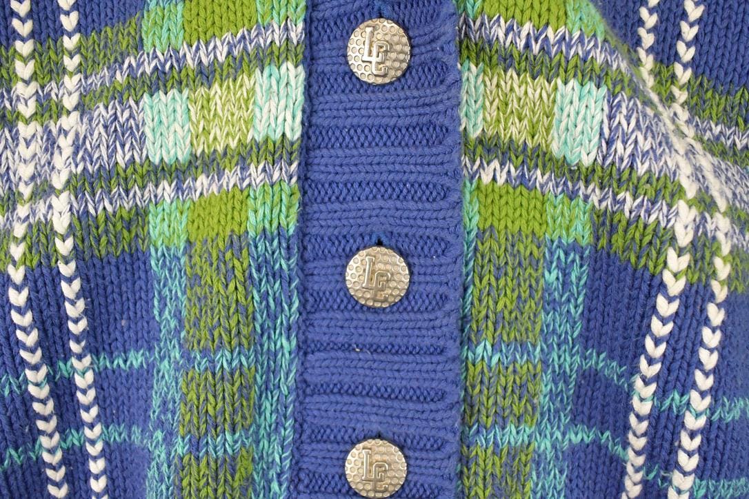 Vintage 1990s Liz Sport Abstract Plaid Knit Cardigan Sweater Women's L from propervintagecanada