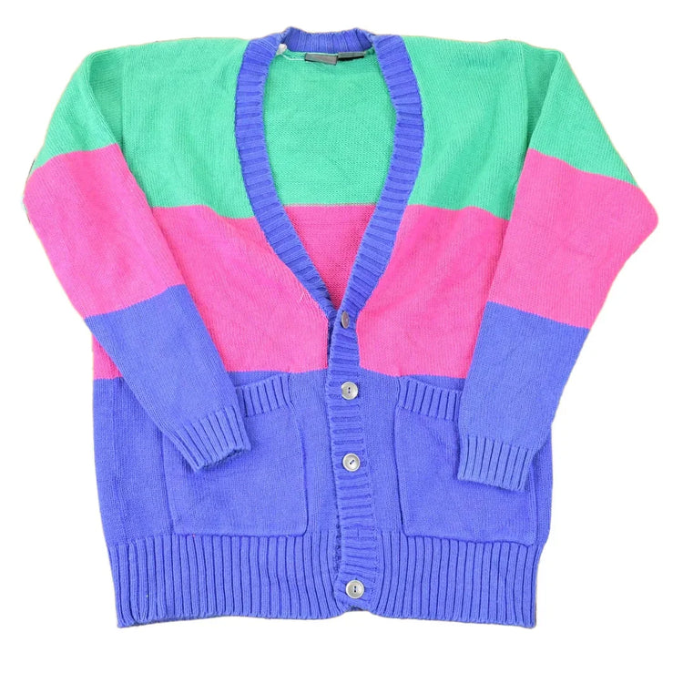 Vintage 1990s Liz Wear Color Block Abstract Knit Cardigan Sweater Womens M from propervintagecanada