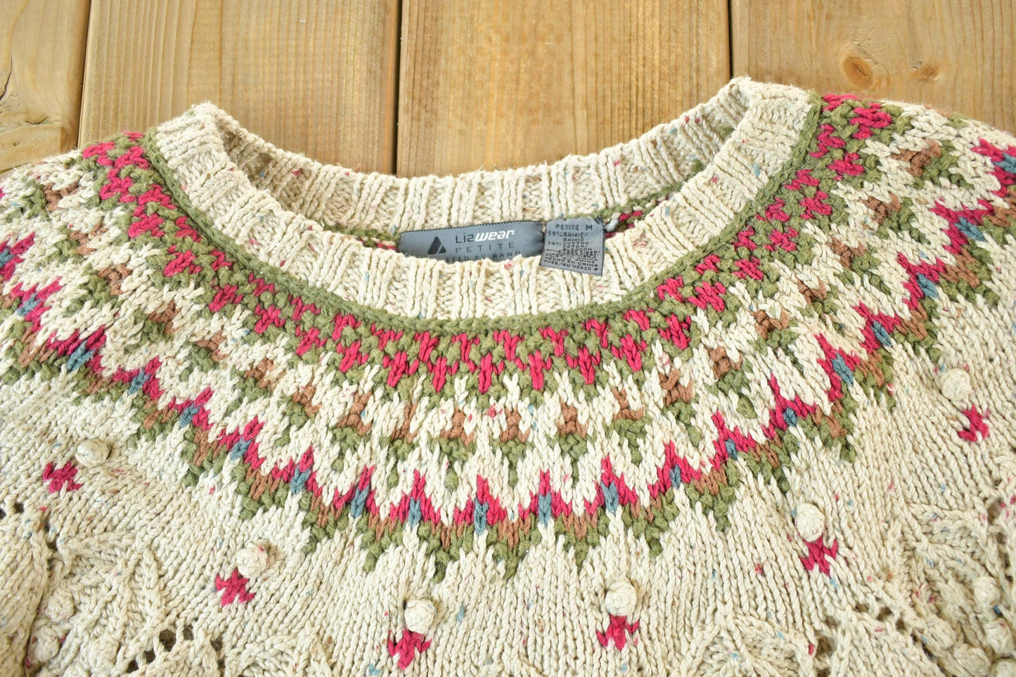 Vintage 1990s Liz Wear Petite Knitted By Hand Abstract Pattern Crewneck Sweater Womens S from propervintagecanada