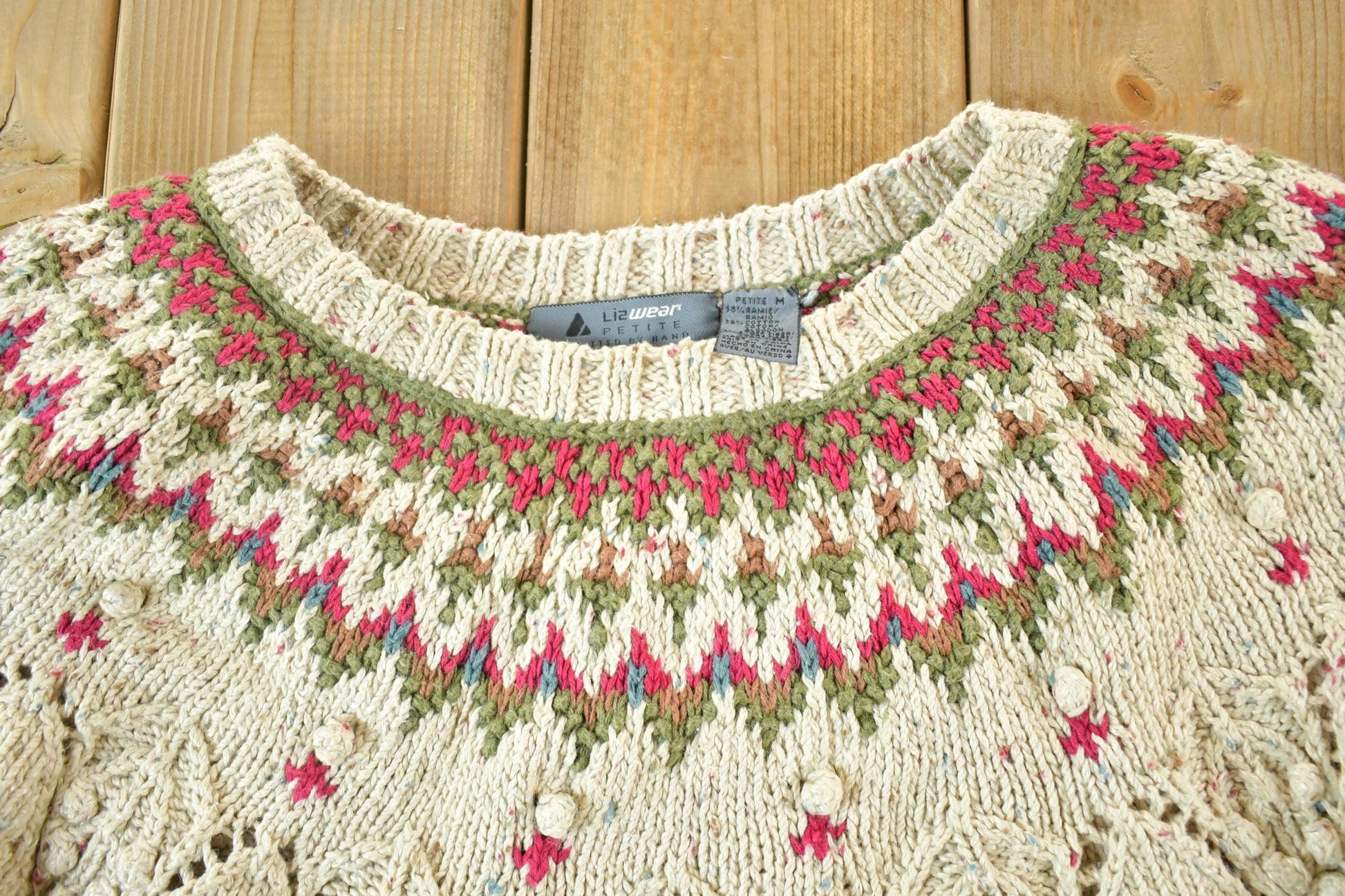 Vintage 1990s Liz Wear Petite Knitted By Hand Abstract Pattern Crewneck Sweater Womens S from propervintagecanada