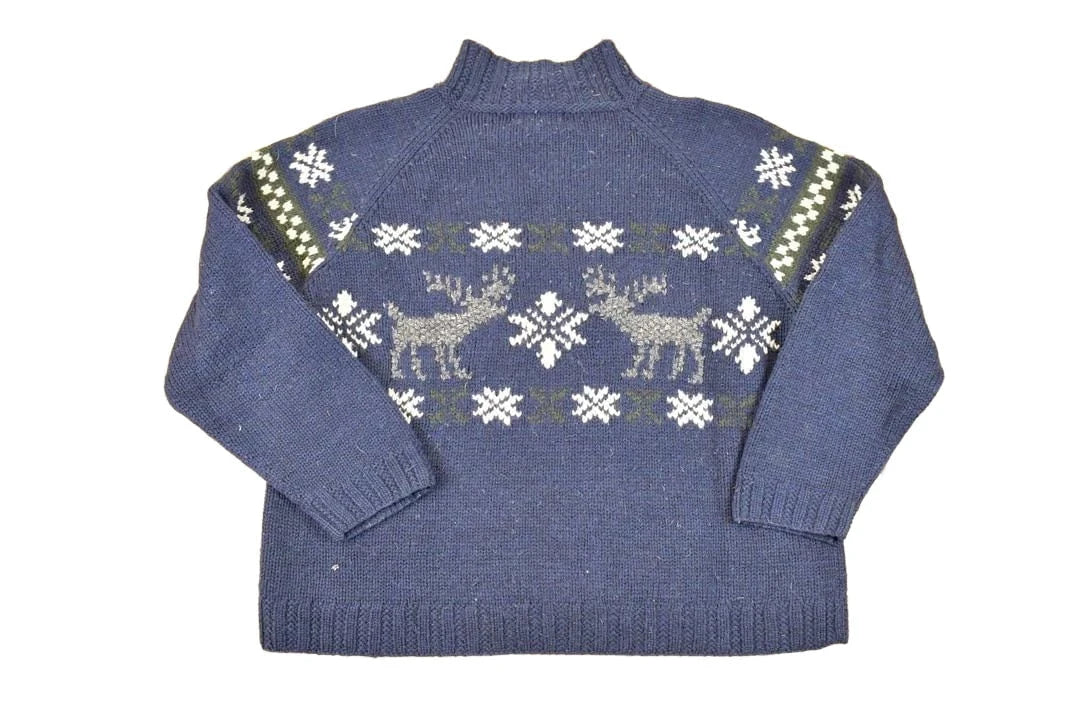 Vintage 1990s LL Bean Christmas Reindeer Wool Knit Crewneck Sweater Women's L from propervintagecanada
