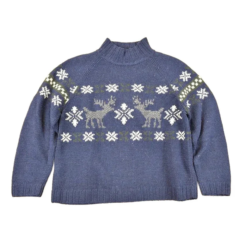 Vintage 1990s LL Bean Christmas Reindeer Wool Knit Crewneck Sweater Women's L from propervintagecanada