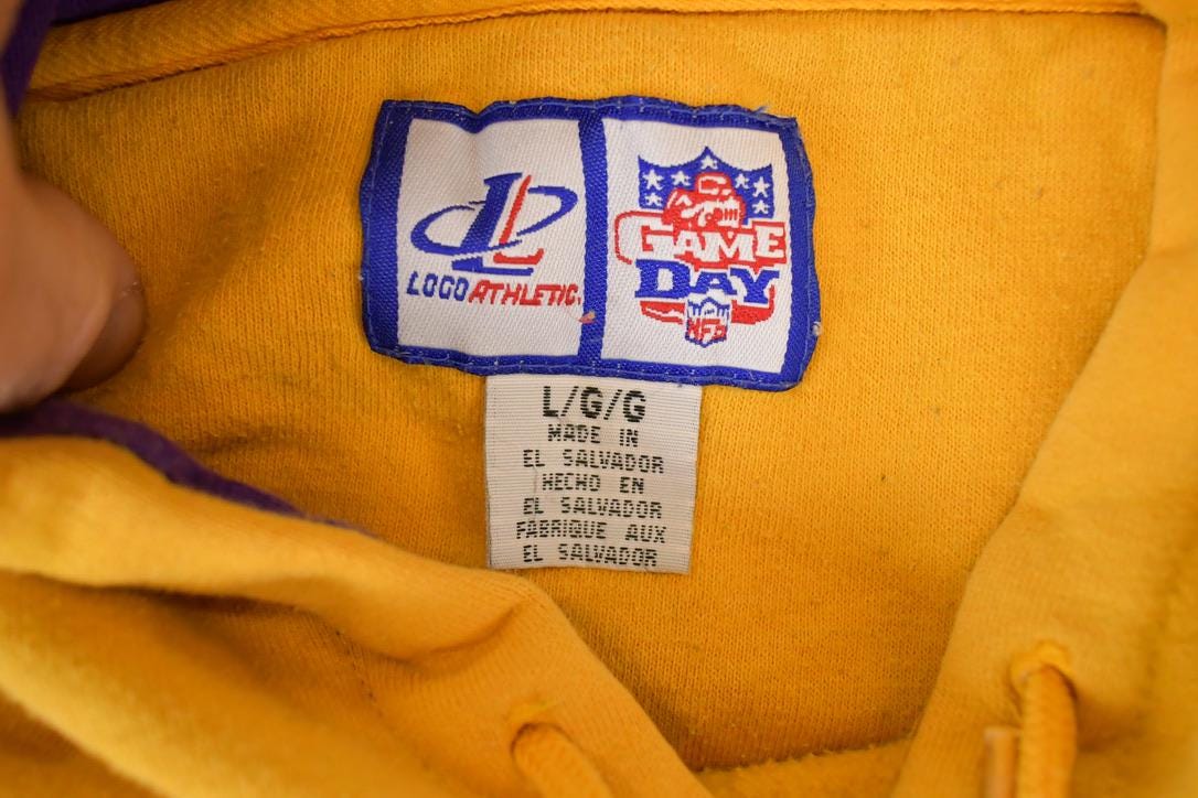 Vintage 1990s Logo Athletic Minnesota Vikings Embroidered NFL Hoodie Sweatshirt Men's L from propervintagecanada