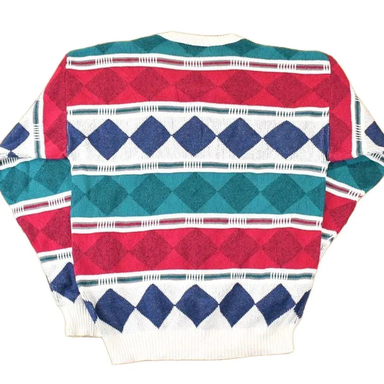 Vintage 1990s London Fog Argyle Abstract Christmas Knit Crewneck Sweater Mens L from propervintagecanada