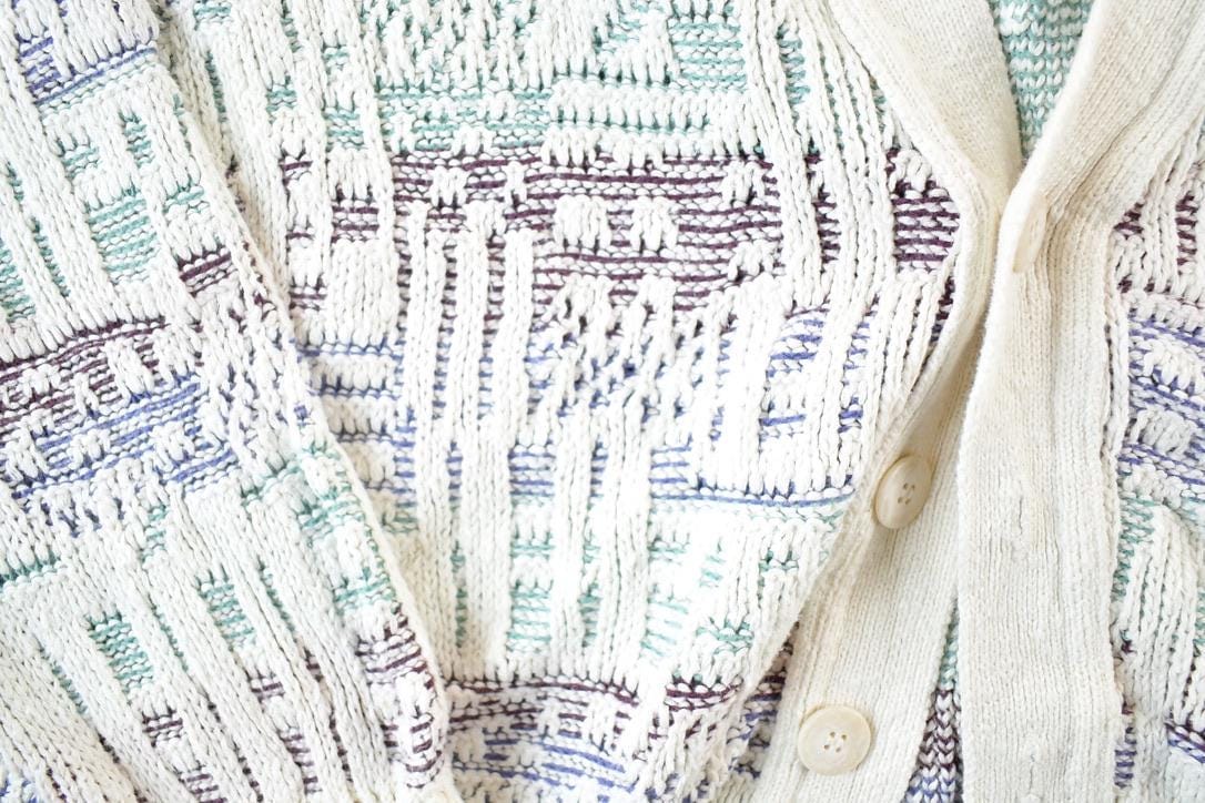 Vintage 1990s London Fog Knit Abstract Pattern Cardigan Sweater Mens XL from propervintagecanada