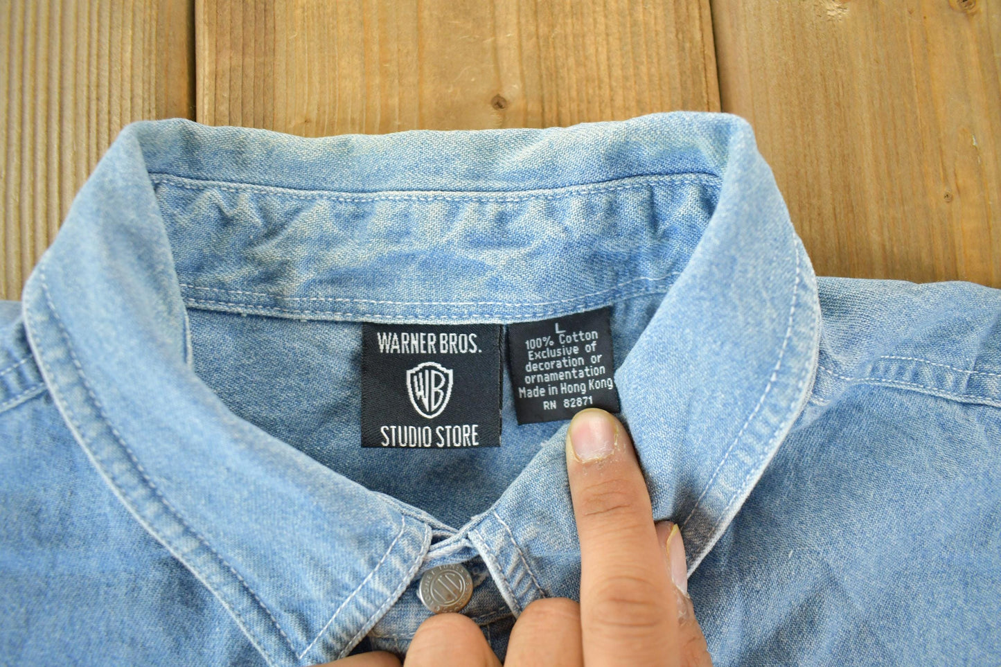Vintage 1990s Looney Tunes Daffy Duck Denim Button Up Shirt Men's Large from propervintagecanada