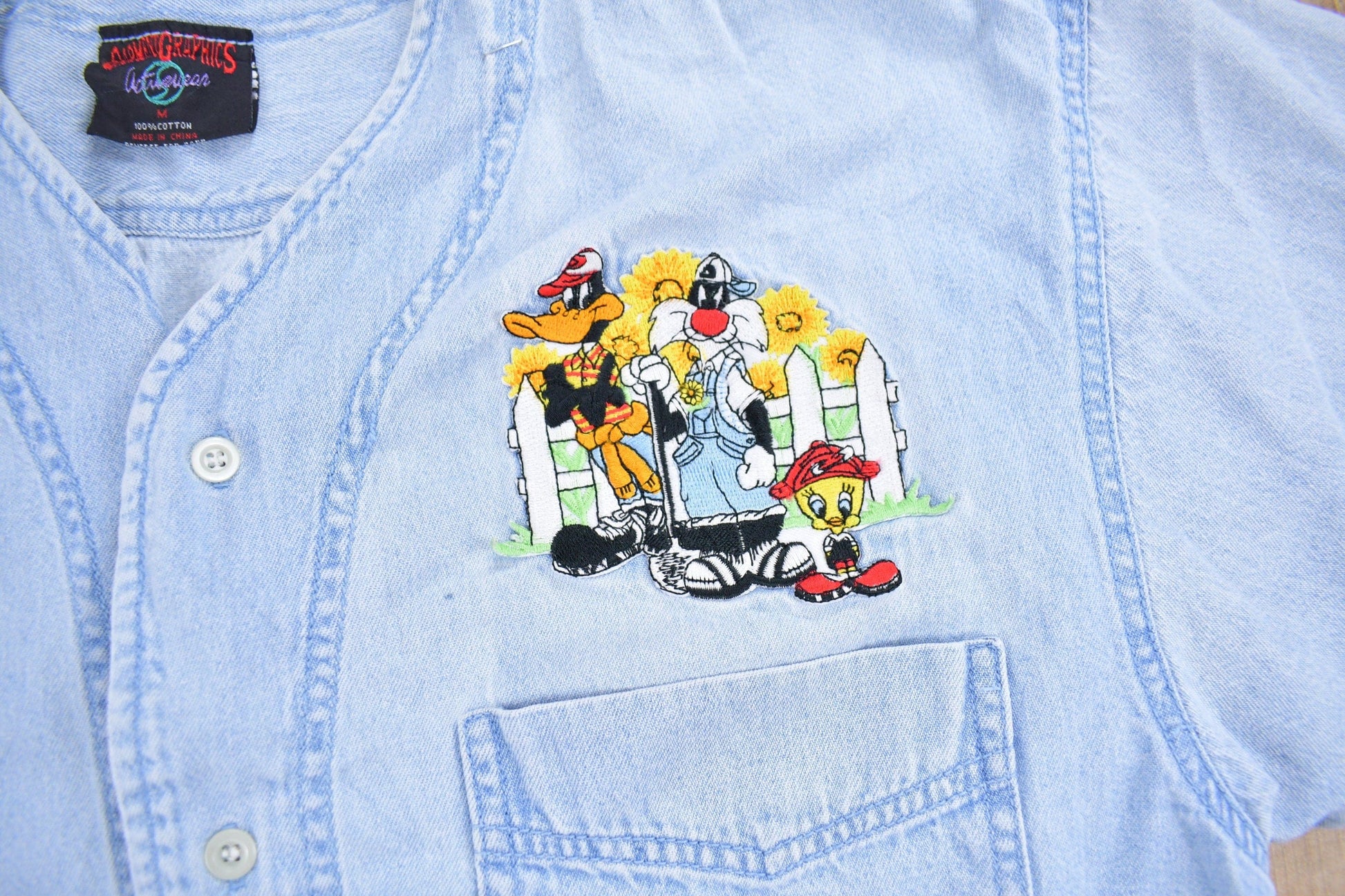 Vintage 1990s Looney Tunes Embroidered Button Up Denim Shirt Men's Medium from propervintagecanada