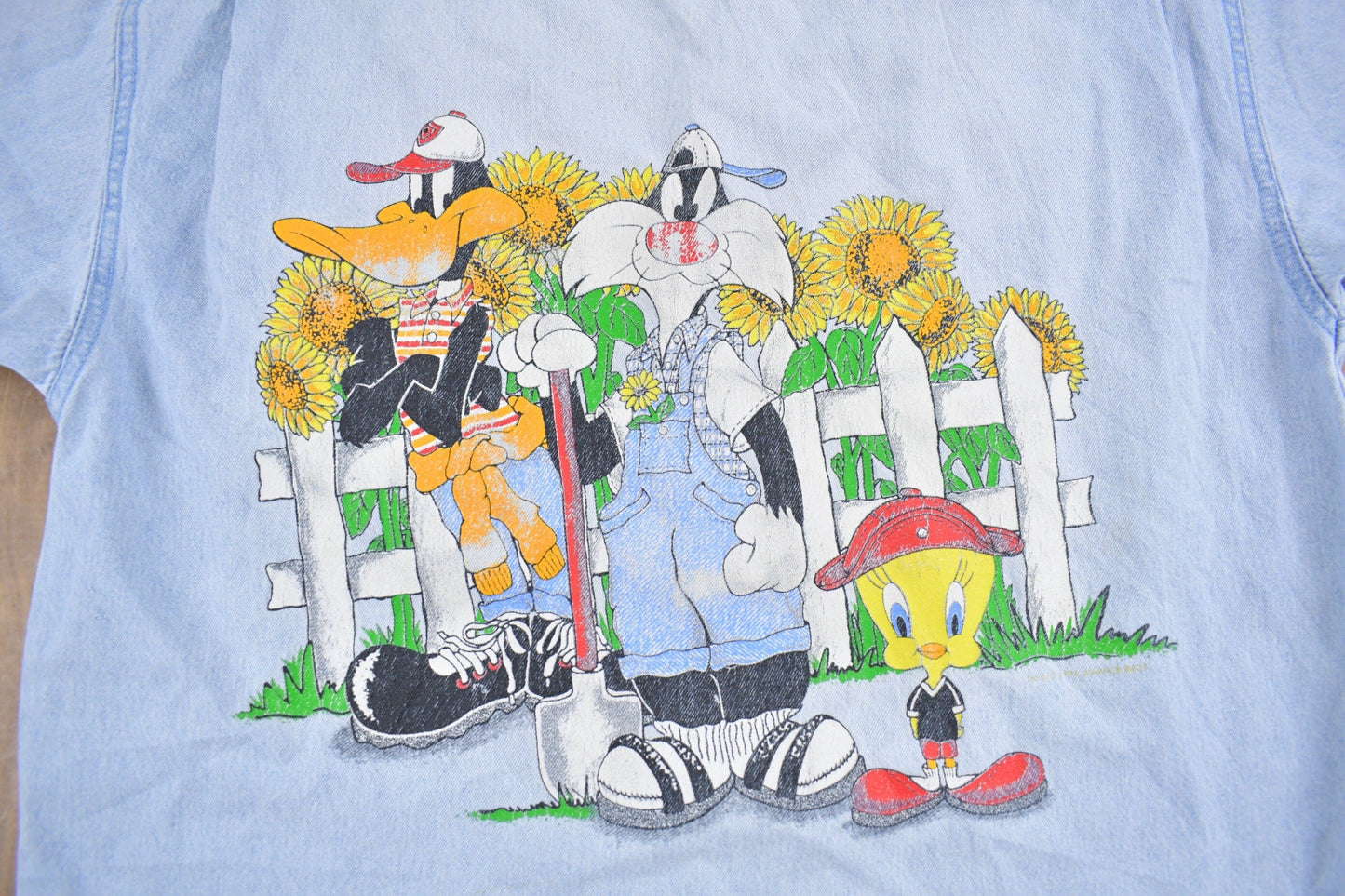 Vintage 1990s Looney Tunes Embroidered Button Up Denim Shirt Men's Medium from propervintagecanada