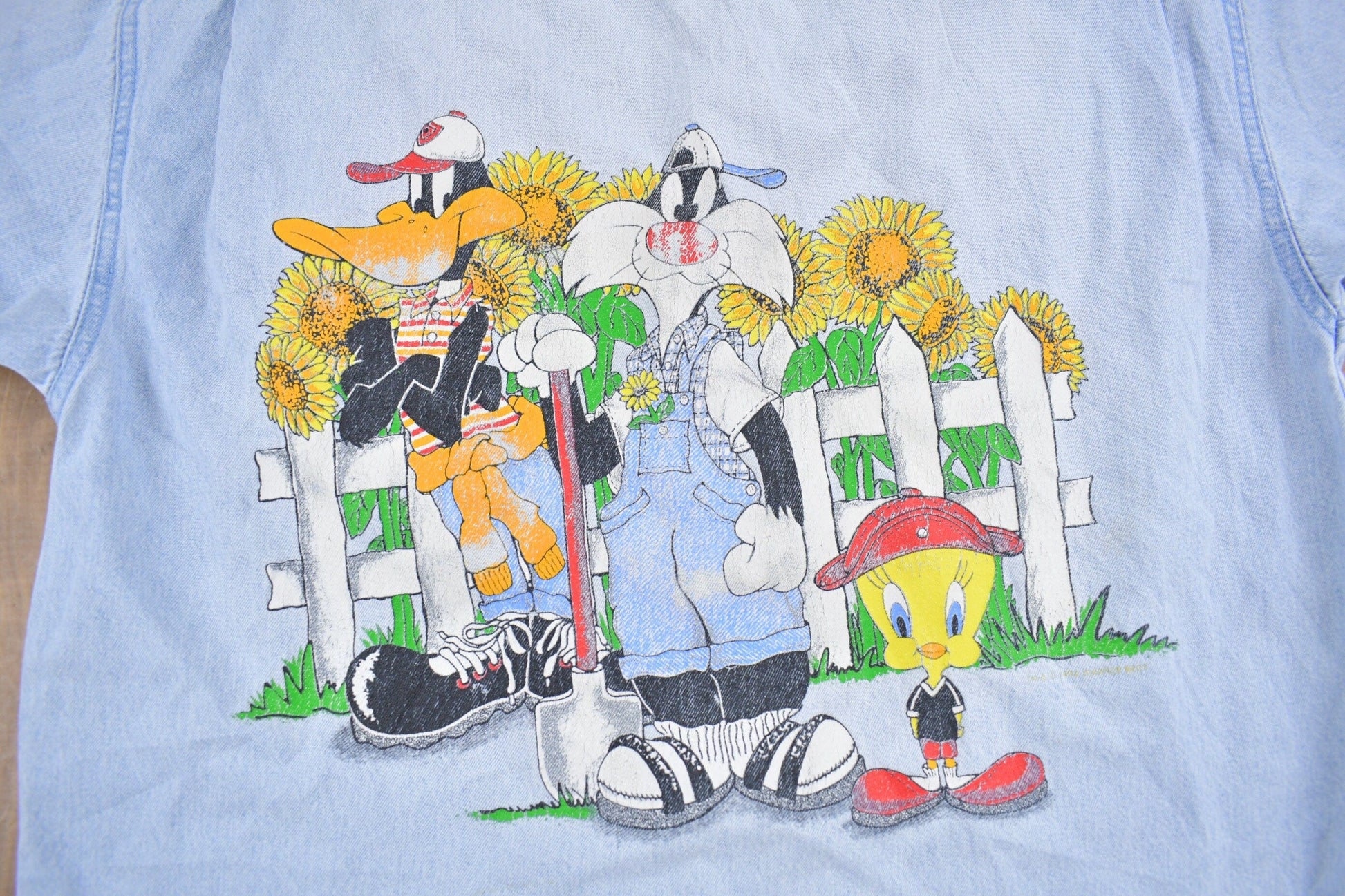 Vintage 1990s Looney Tunes Embroidered Button Up Denim Shirt Men's Medium from propervintagecanada